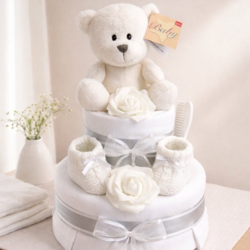 2 Tier White Ted Nappy Cake