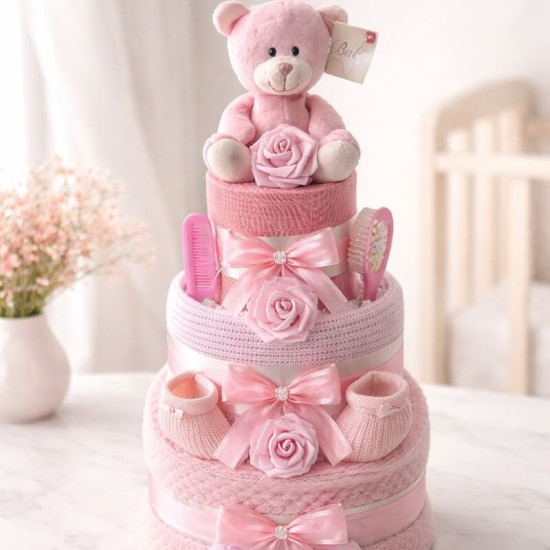 3 Tier Pink Ted Nappy Cake 3 Tier Pink Ted Nappy Cake