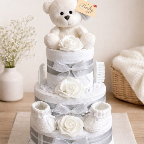 3 Tier White Ted Nappy Cake