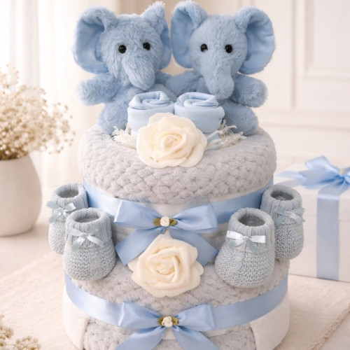 Blue Elephant Twins Nappy Cake