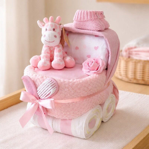 Nappy Cake Pram Pink Giraffe
