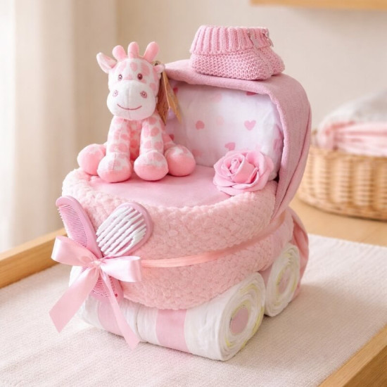 Nappy Cake Pram Pink Giraffe