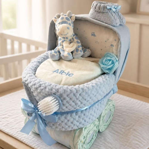 Personalised Blue Giraffe Nappy Pram
