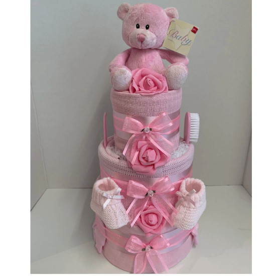 3 Tier Pink Ted Nappy Cake