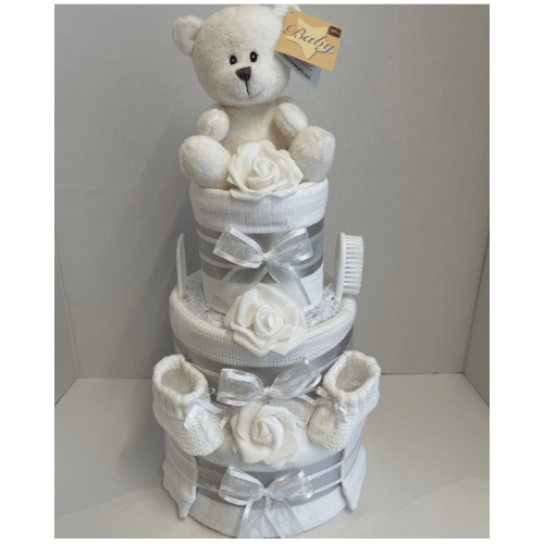 3 Tier White Ted Nappy Cake