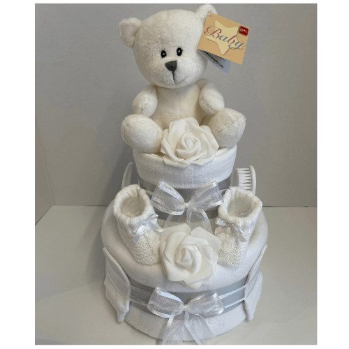 2 Tier White Ted Nappy Cake