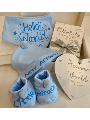 Small Blue Baby Hamper with bandana bib, booties, hat, milestone cards and wooden welcome to the world plaque and all gift boxed