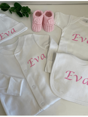 Personalised Baby Layette Set that includes a 5pce clothing set that can be personalised with baby name on each piece