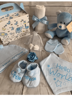 8 piece Hello World Blue Hamper for a new baby boy
