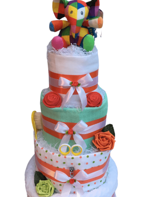 Deluxe Elmer Nappy Cake with 4 tiers in nice bright colours