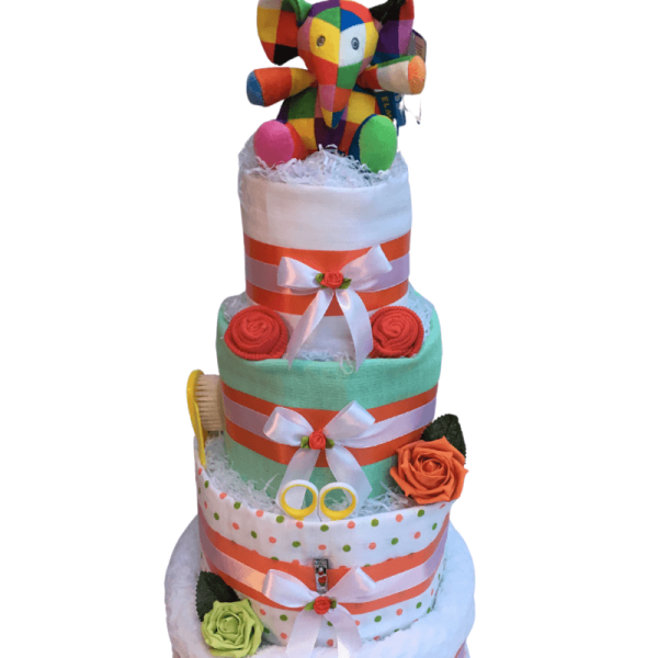 Deluxe Elmer Nappy Cake with 4 tiers in nice bright colours