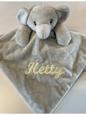 Personalised Grey Elephant Comforter that is embroidered with a name of your choice