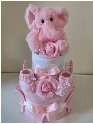 2 tier Elephant Pink Nappy Cake that contains practical new baby products that is in the shape of a cake