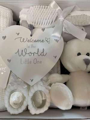 white baby gift hamper containing 12 practical newborn products, comes gift boxed