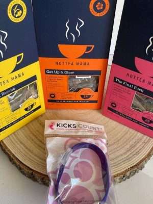 Set of 3 wellness teas for pregnancy and motherhood. comprises of morning rescue, get up and glow and final push. To include a free kicks count pregnancy kicks bracelet