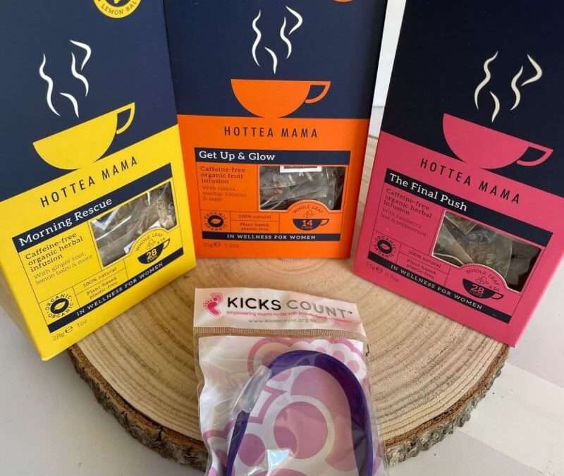 Set of 3 wellness teas for pregnancy and motherhood. comprises of morning rescue, get up and glow and final push. To include a free kicks count pregnancy kicks bracelet