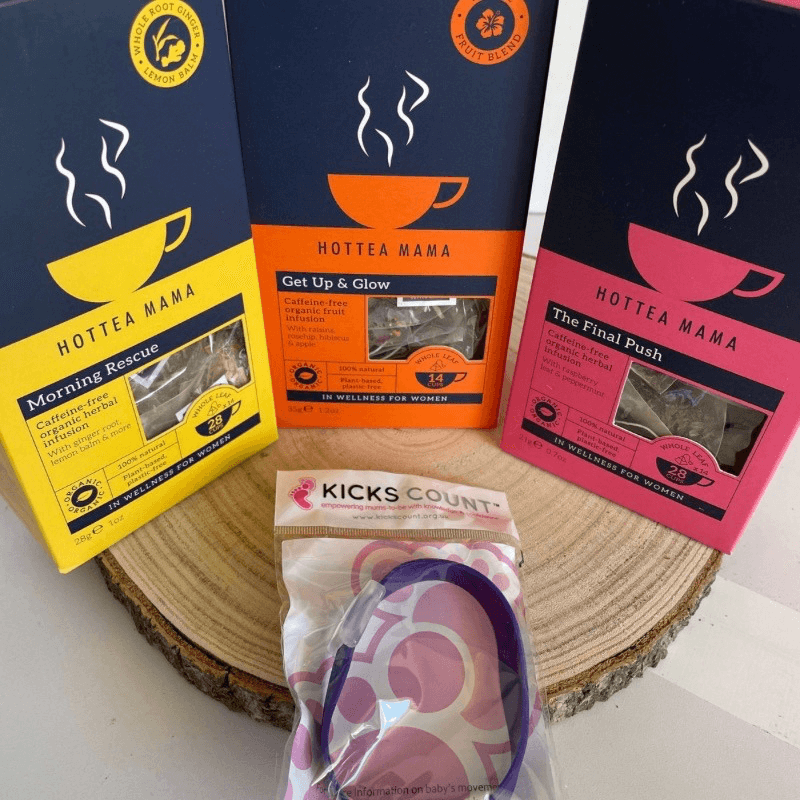 Pregnancy tea gift set that includes 3 natural wellness teas for each trimester and a free kicks counter baby movement bracelet.