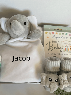 Personalised Elephant comforter gift box with soft elephant comforter that can be embroidered with babies name, milestone cards and cute elephant booties