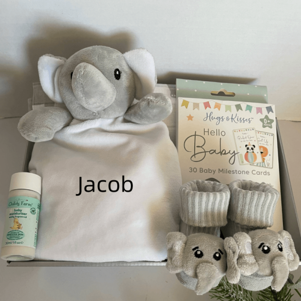 Personalised Elephant comforter gift box with soft elephant comforter that can be embroidered with babies name, milestone cards and cute elephant booties