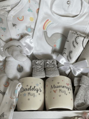 Rainbow Elephant Baby Hamper with mummy daddy mugs, elephant motif baby clothing set, socks, toy and muslins in a gift box