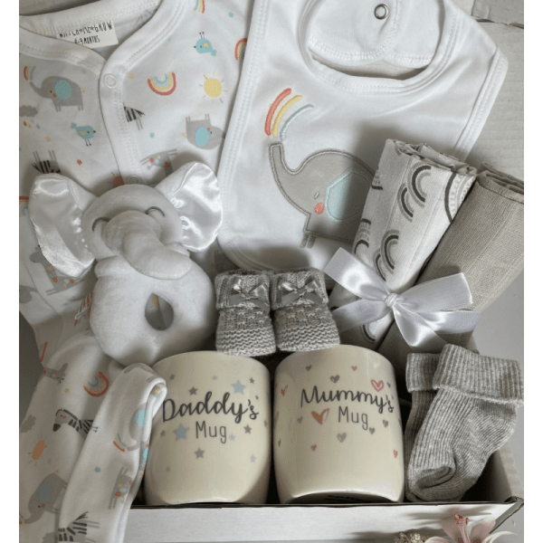 Rainbow Elephant Baby Hamper with mummy daddy mugs, elephant motif baby clothing set, socks, toy and muslins in a gift box
