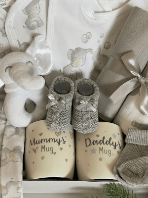 Unisex Elephant Baby Hamper with clothing set, soft toy, socks, booties, muslin squares and mummy and daddy mugs inside