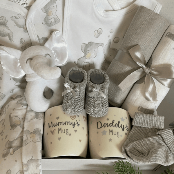 Unisex Elephant Baby Hamper with clothing set, soft toy, socks, booties, muslin squares and mummy and daddy mugs inside