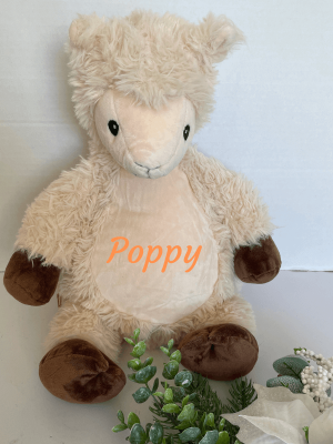 Personalised large llama plush toy 35cm tall with printed name or small message on his belly