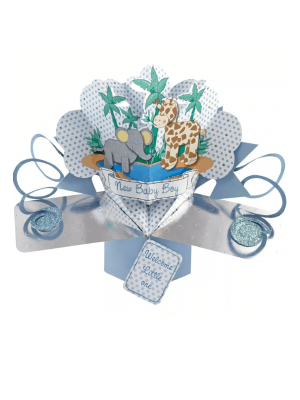Jungle Pop Up Card, a unique new baby boy card that is 3 dimensional with a clever elastic powered design