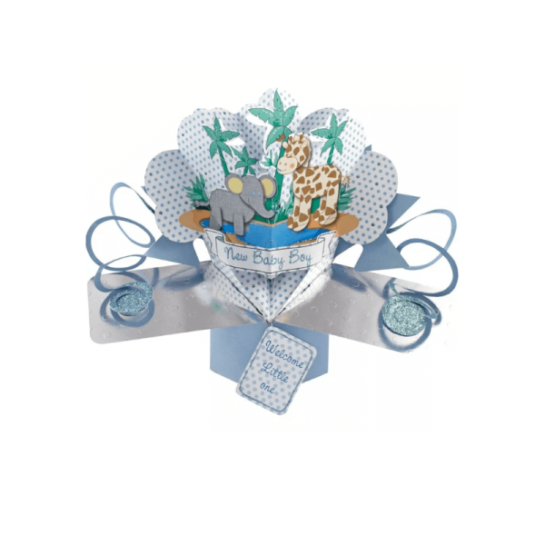 Jungle Pop Up Card, a unique new baby boy card that is 3 dimensional with a clever elastic powered design