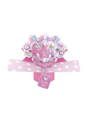 Elephant Pop Up Card. with its unique pop up action, this new baby card makes a wonderful gift. when open its 21cm by 25cm