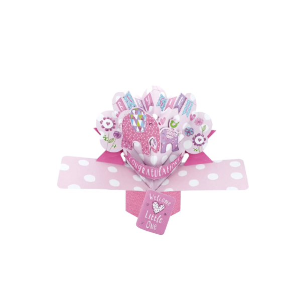 Elephant Pop Up Card. with its unique pop up action, this new baby card makes a wonderful gift. when open its 21cm by 25cm