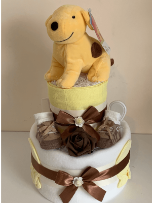 Spot Dog Nappy Cake, 2 tier with cream blanket, lemon muslin square, baby vests, booties and spot dog soft toy