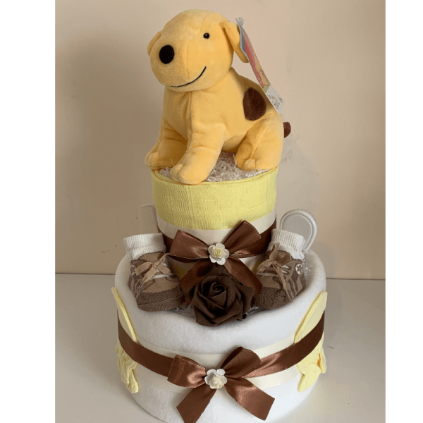 Spot Dog Nappy Cake, 2 tier with cream blanket, lemon muslin square, baby vests, booties and spot dog soft toy