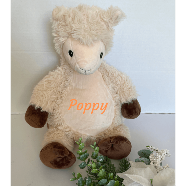 Personalised large llama plush toy 35cm tall with printed name or small message on his belly