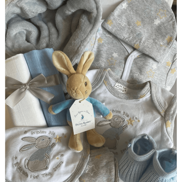 Peter Rabbit Gift Set that contains a gift box of baby clothing and a Peter rabbit toy