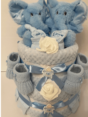 Blue Elephant Twins Nappy Cake