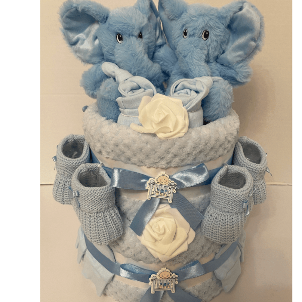 Blue Elephant Twins Nappy Cake