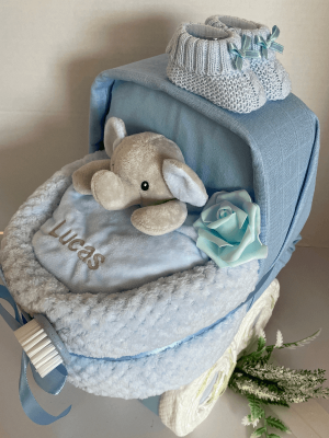 Personalised Nappy Cake Pram, baby products curated into shape of a pram that has a baby comforter that can be personalised
